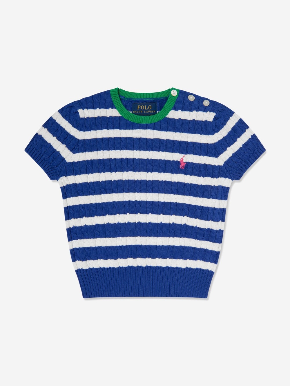 Ralph Lauren Blue & White Striped Knit Tee with Green Neck Trim